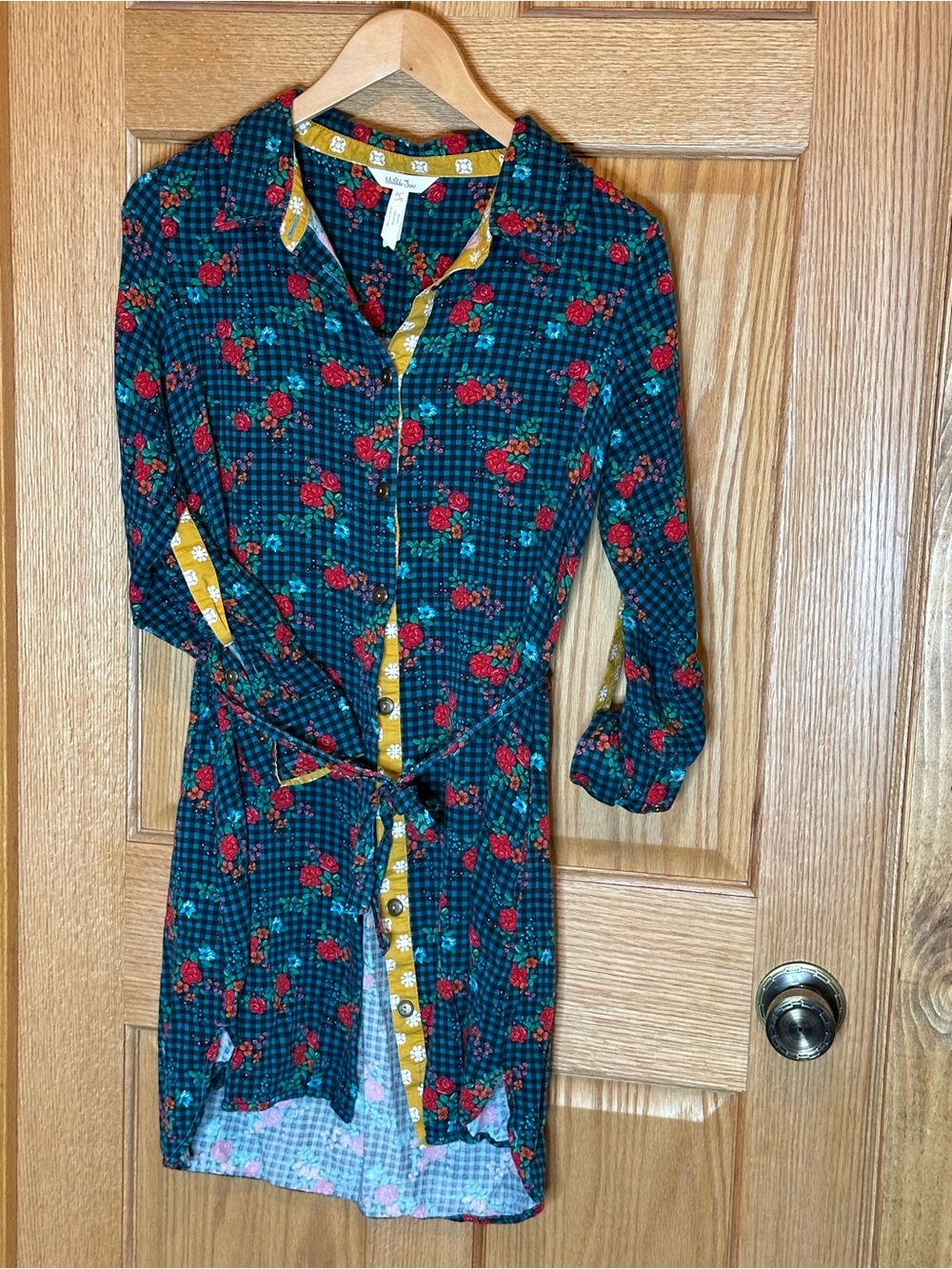 MATILDA Jane Fa La La Blue Plaid Red Rose Floral Button Up Midi Dress Small
